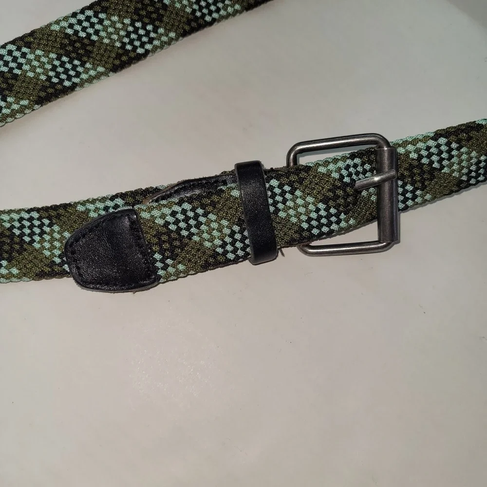 & Woven Stretch Belt Mens Medium Green Black Argyle Geometric‎ Braided Elastic